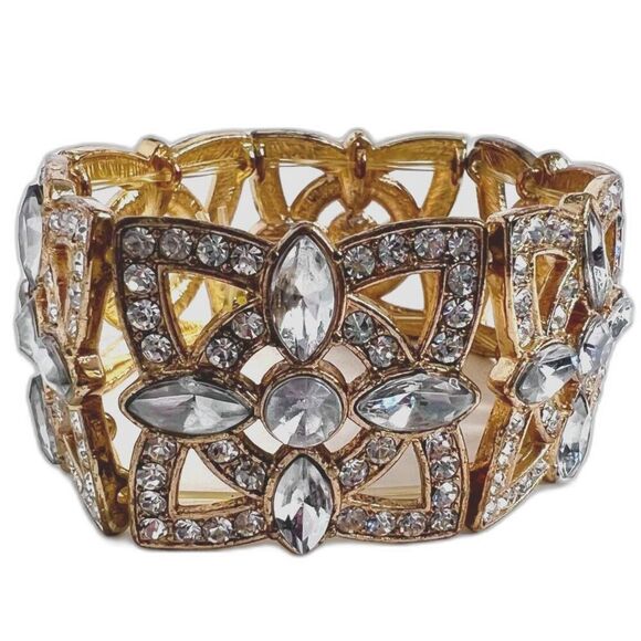 Vintage Gold Rhinestone Flower Bracelet Elastic Chunky Statement - Picture 1 of 4